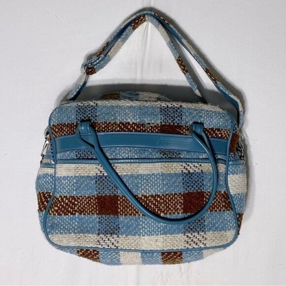 Vintage Blue Brown Cream Plaid Travel Bag With Shoulder Strap - Picture 1 of 15